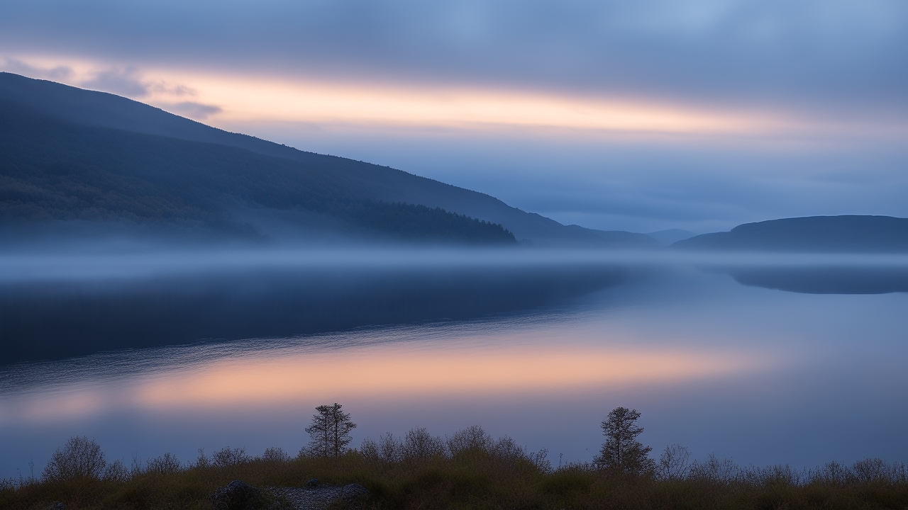 A misty dawn over the still, dark waters of Loch Ness, with a shadowy, serpentine silhouette briefly breaking the glassy surface amid gentle ripples, framed by rugged Scottish highland hills under a brooding sky.