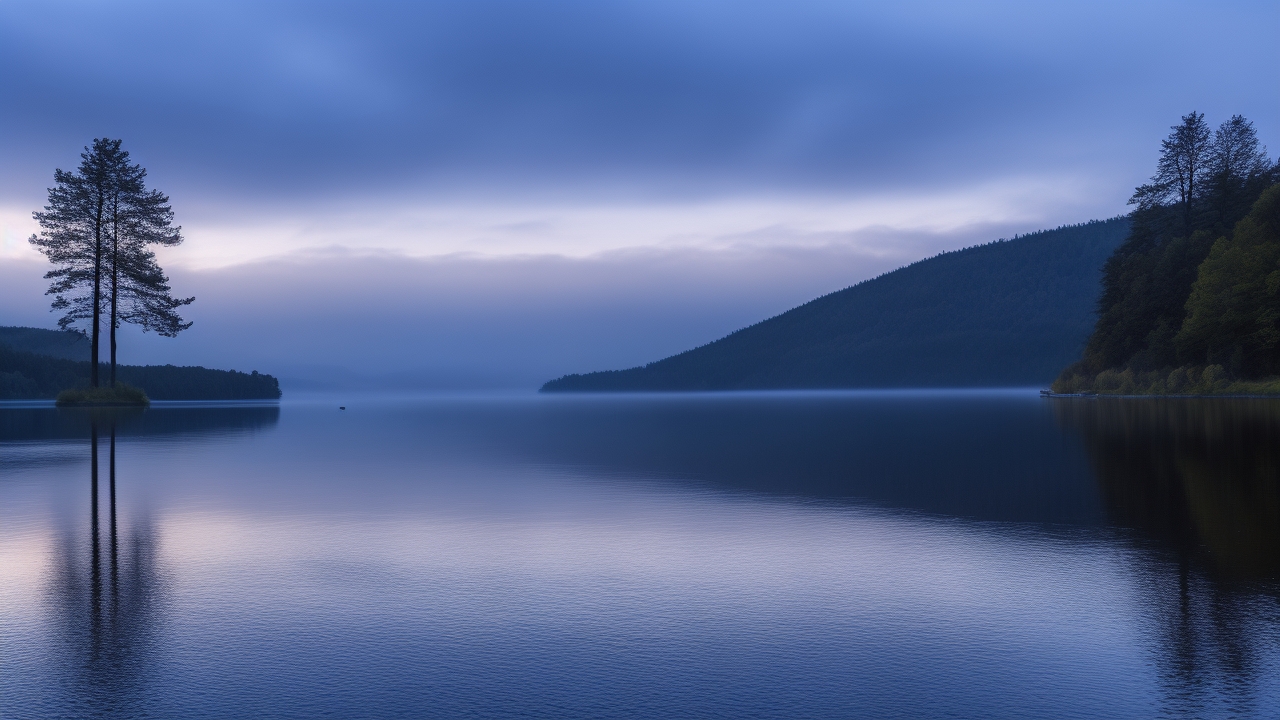 A misty twilight over Loch Ness, with gentle ripples breaking the glassy surface as a shadowy, serpentine silhouette slips just beneath the water, framed by dark Highland trees under a moody sky.
