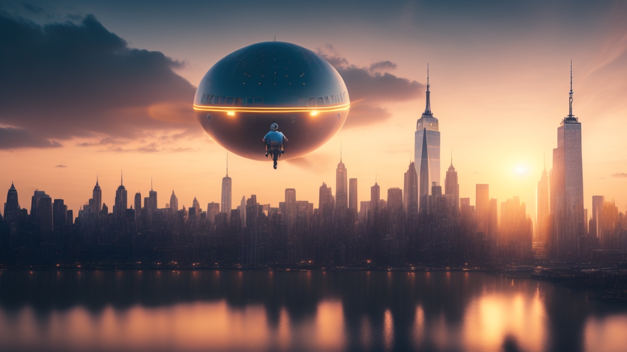 A sleek metallic sphere glides silently just below a commercial airplane over the New York City skyline at dusk, with a faint, ethereal humanoid figure drifting among glowing clouds in the distance, capturing a tense moment of otherworldly encounter.