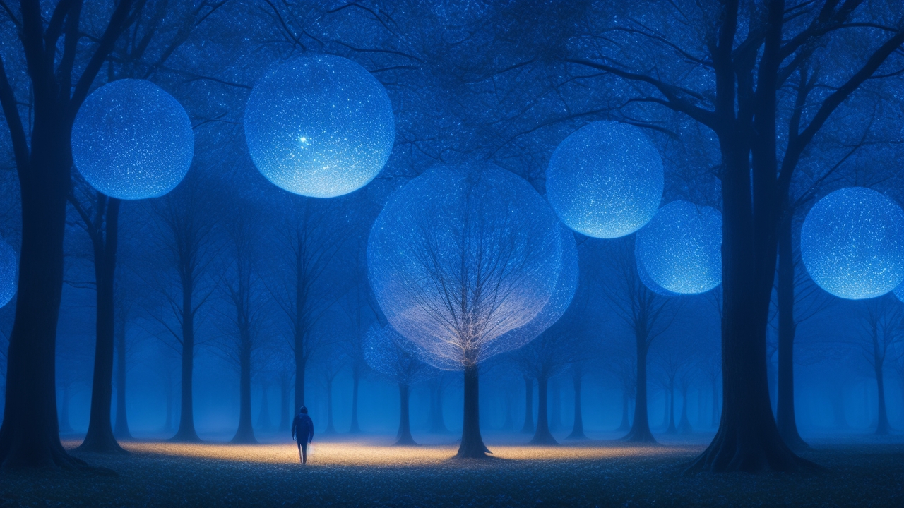 A lone figure stands in a quiet, tree-lined park at twilight, gazing upward as two glowing white orbs hover silently above the darkening treetops, casting an eerie, otherworldly light against a deep blue sky.