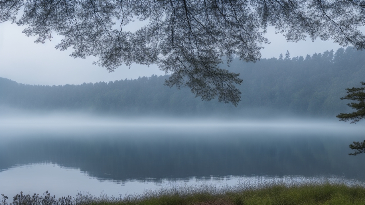 A mist-shrouded, serene Loch Ness at dawn with a faint ripple breaking the glassy water surface, framed by ancient Scottish pine trees under a moody, overcast sky.