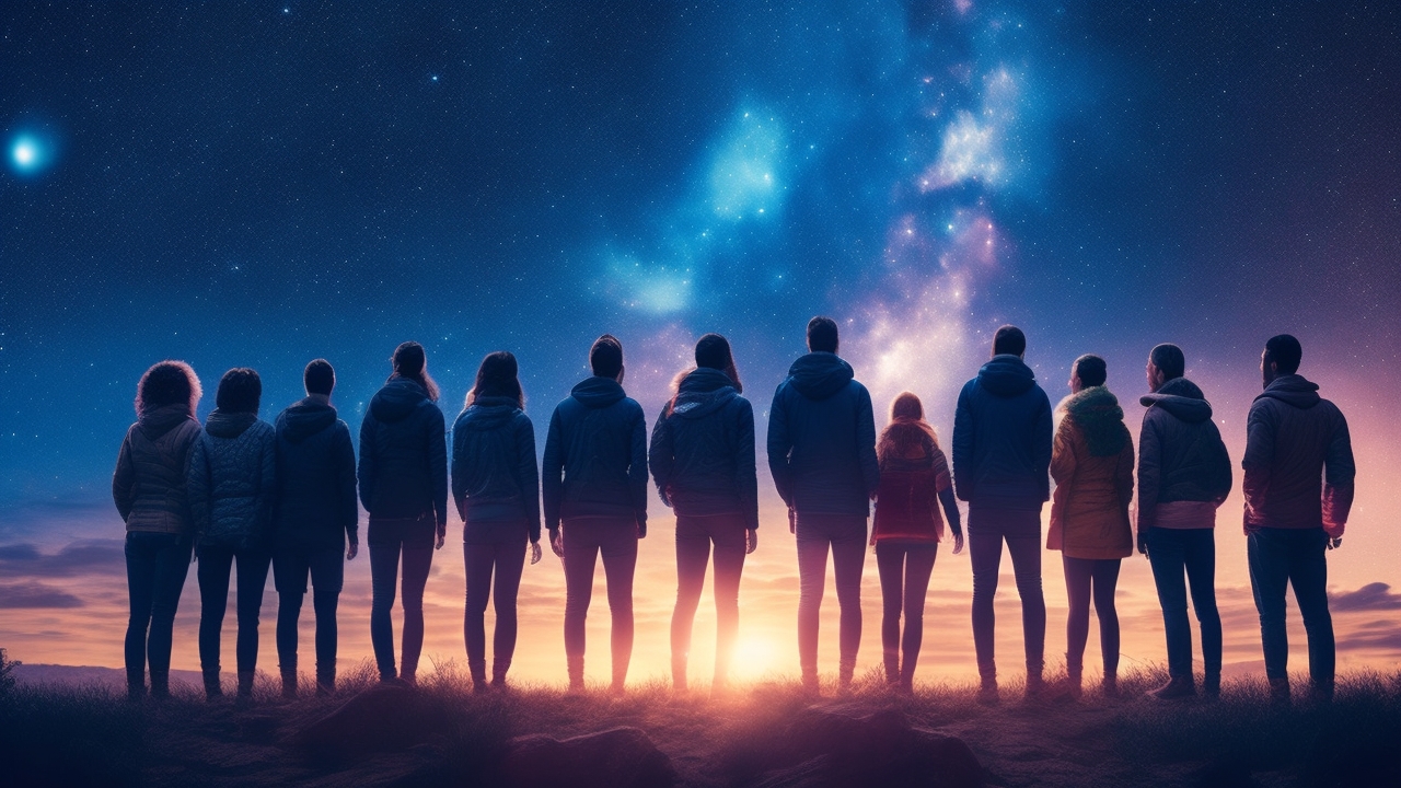 A diverse group of young adults stands beneath a vast, star-filled night sky, their faces illuminated by the ethereal glow of floating orbs and distant, mysterious lights as they scan the horizon with digital cameras and EMF meters, embodying a modern quest for the paranormal in 2025.