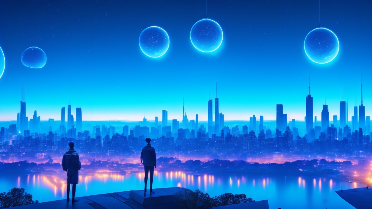 A twilight city skyline under a deepening blue sky punctuated by two glowing metallic orbs streaking swiftly in perfect sync, watched in awe by silhouetted figures on a rooftop.