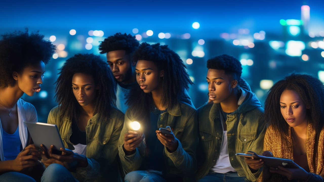 A group of diverse young adults on a dimly lit city rooftop at night, focused intently on their smartphones and high-tech paranormal devices like EMF meters and infrared cameras, while vibrant LED city lights and floating digital orbs glow around them, capturing a blend of eerie mystery and cutting-edge technology.