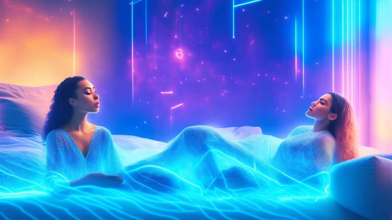 A thoughtful young woman sits in a softly lit modern room, her eyes closed in quiet meditation, surrounded by translucent digital icons and ethereal light trails representing intuitive energy flowing between her and a glowing holographic network.