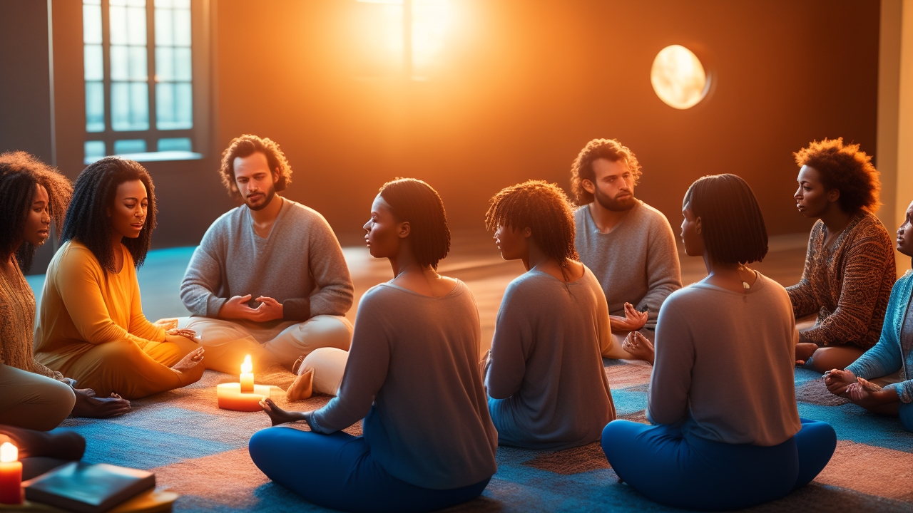 A diverse group of people seated in a warmly lit, cozy circle, eyes closed in meditation and subtle smiles hinting at shared intuitive connection, framed by soft shadows and glowing ambient light.