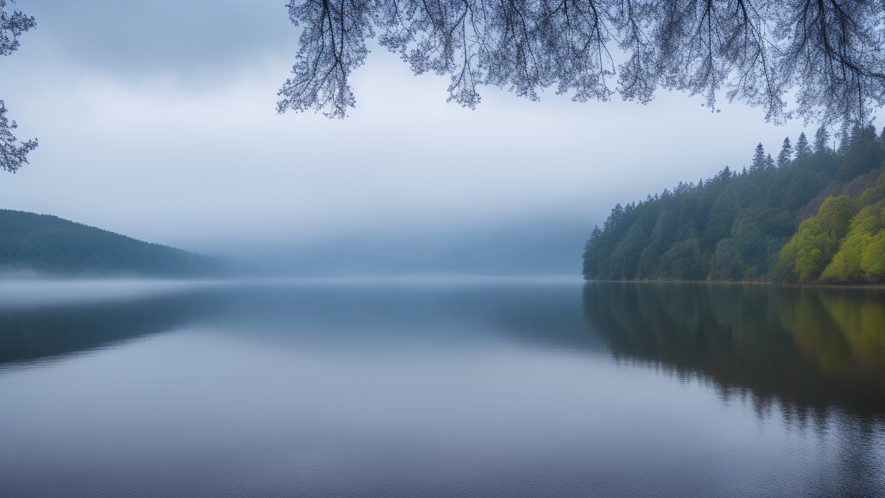 A mist-shrouded early morning view of Loch Ness with a mysterious shadow just beneath the glassy water’s surface, framed by dark, towering Highland trees under a heavy gray sky.