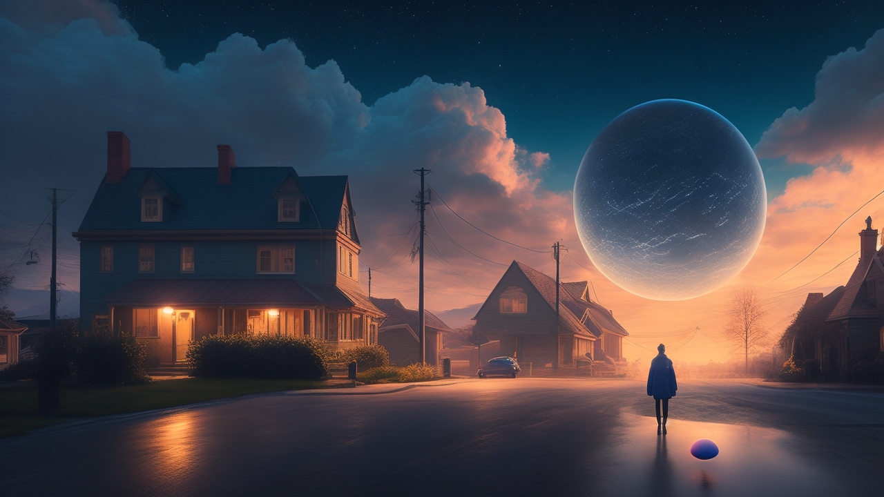 A lone figure pauses beneath a deepening twilight sky in a quiet small town, gazing upward as two glowing, metallic orbs silently pivot and vanish among drifting clouds, blending mystery with the everyday.