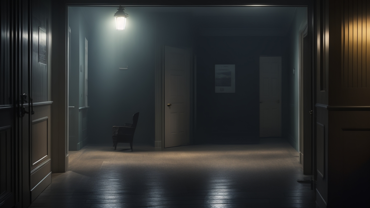 A dimly lit, moody hallway fades into shadow as a solitary figure hesitantly reaches toward a flickering light switch, capturing the tense intersection of curiosity and the unseen in a quiet suburban home at night.