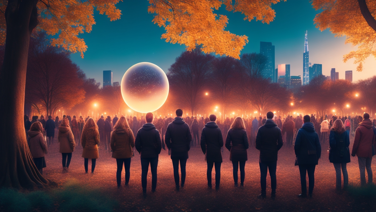 A diverse group of people in a city park at dusk, eyes fixed skyward as two glowing orbs silently maneuver against a backdrop of twinkling skyline lights and early autumn leaves, capturing a moment of collective awe and curiosity.