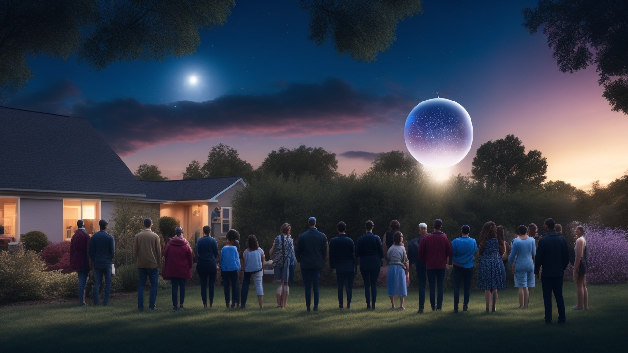 A diverse group of people standing in a suburban backyard at twilight, gazing upward in awe as mysterious glowing orbs and sleek metallic shapes silently hover and streak across a dramatic, cloud-streaked sky.