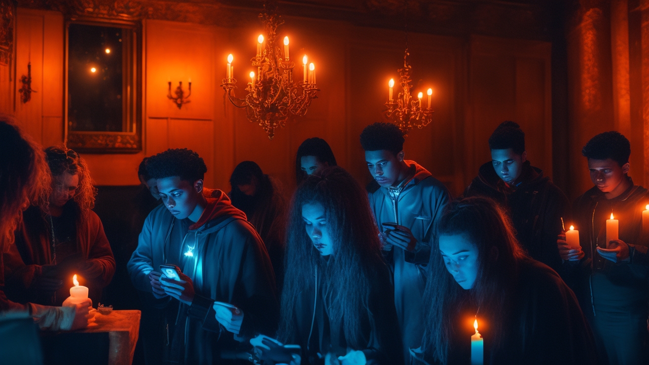 A dimly lit room bathed in candlelight, where a diverse group of young investigators huddle closely, their faces illuminated by the soft glow of smartphone screens displaying data and AI-powered paranormal apps, capturing a tense moment of digital ghost hunting.