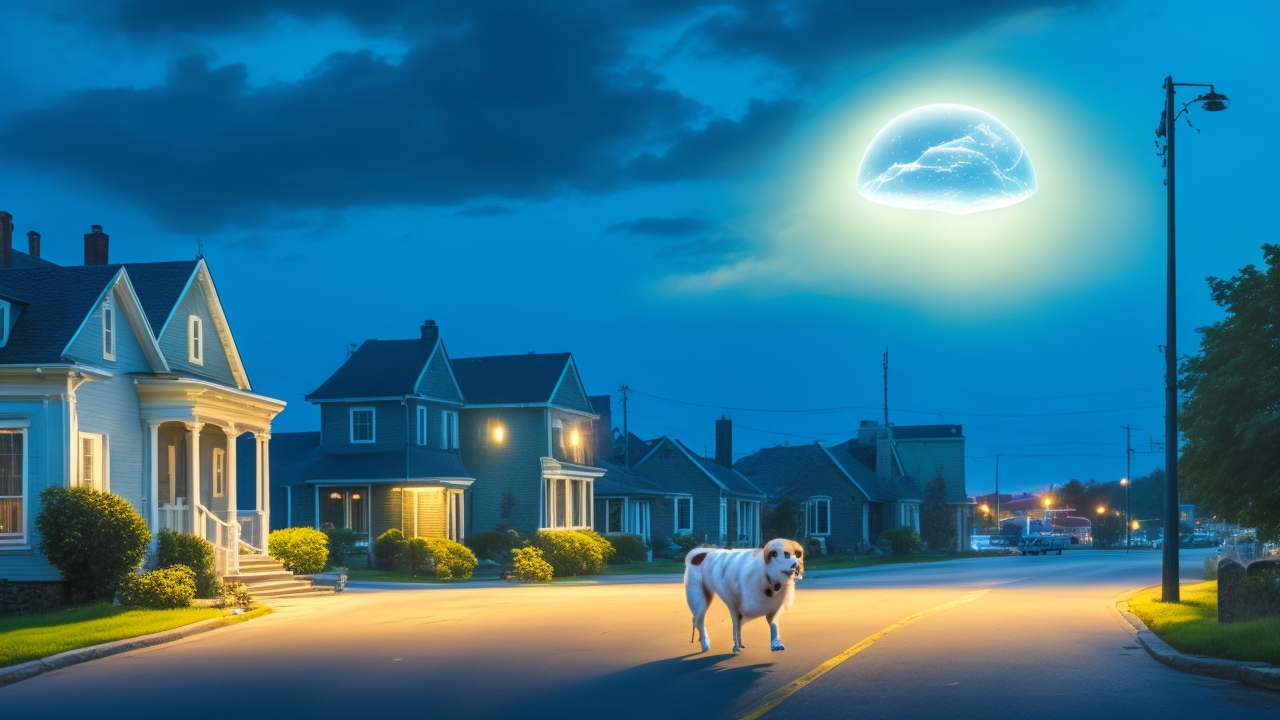 Under a deepening twilight sky over a quiet small-town street, two glowing white orbs streak with intense motion, sharply pivoting amid swirling clouds as a lone dog walker gazes upward in awe and disbelief.