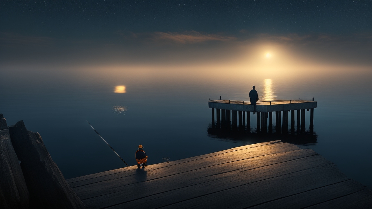 A lone fisherman on a shadowed dock watches intently as a faint, glowing orb hovers silently just above the dark, rippling ocean at twilight.
