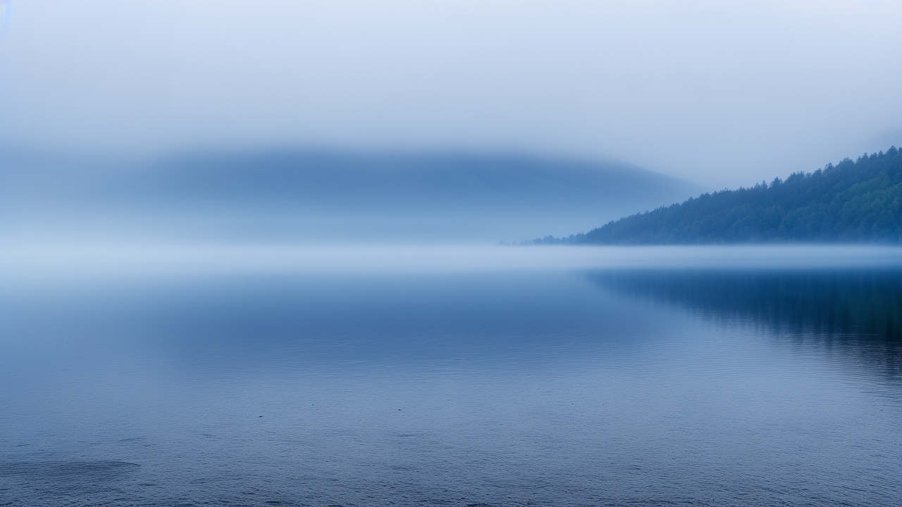 A mist-shrouded early morning view of Loch Ness’s dark, glassy surface disrupted by a vague, serpentine silhouette partially emerging from the water amid rippling waves.