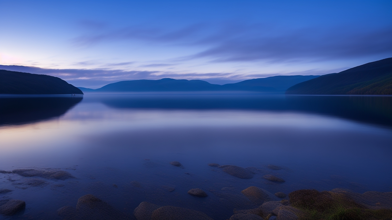 A moody twilight view over the glassy, mist-shrouded surface of Loch Ness, with a subtle, mysterious dark ripple breaking the still water near the distant shore framed by shadowy Scottish highland hills.