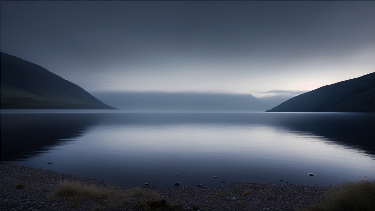 A moody, overcast view of Loch Ness at twilight, its dark, peat-stained waters gently rippling as a blurred, shadowy, elongated shape moves in slow, hypnotic circles beneath the surface, framed by misty Scottish highland shores.