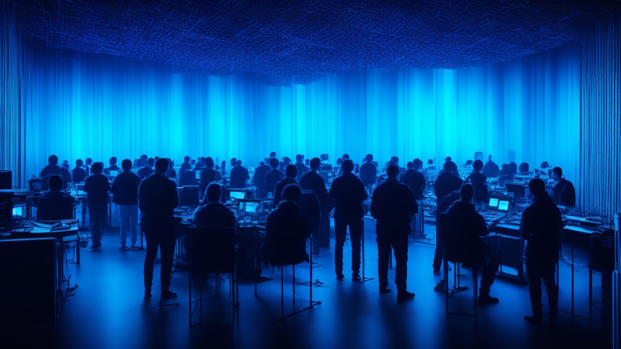 A dimly lit room illuminated by the cool blue glow of multiple screens displaying swirling spectrograms and digital waveforms, as a small group of shadowed figures lean in, focused intently on AI-driven ghost-hunting software capturing unseen frequencies in the quiet night.
