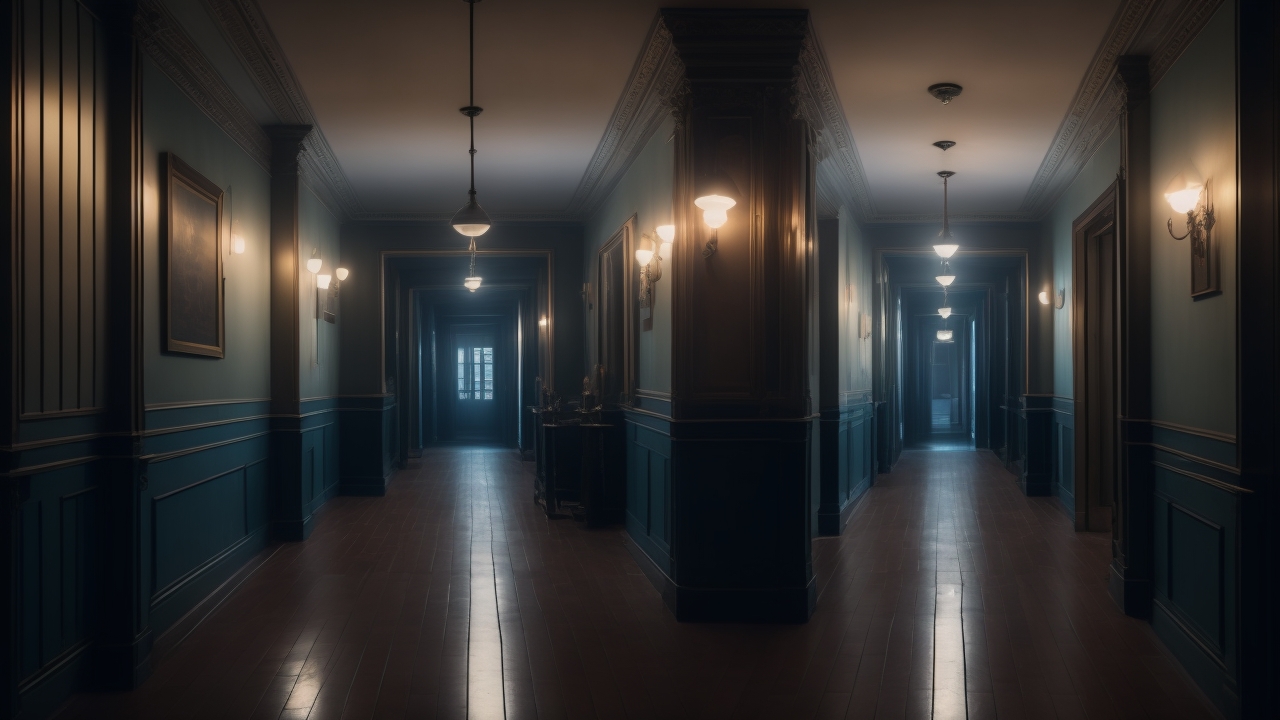 A dimly lit, vintage hallway bathed in shadow, with a softly glowing audio recorder emitting faint static light amid scattered high-tech sensors and a translucent digital overlay of spectral data gently flickering in the darkness.