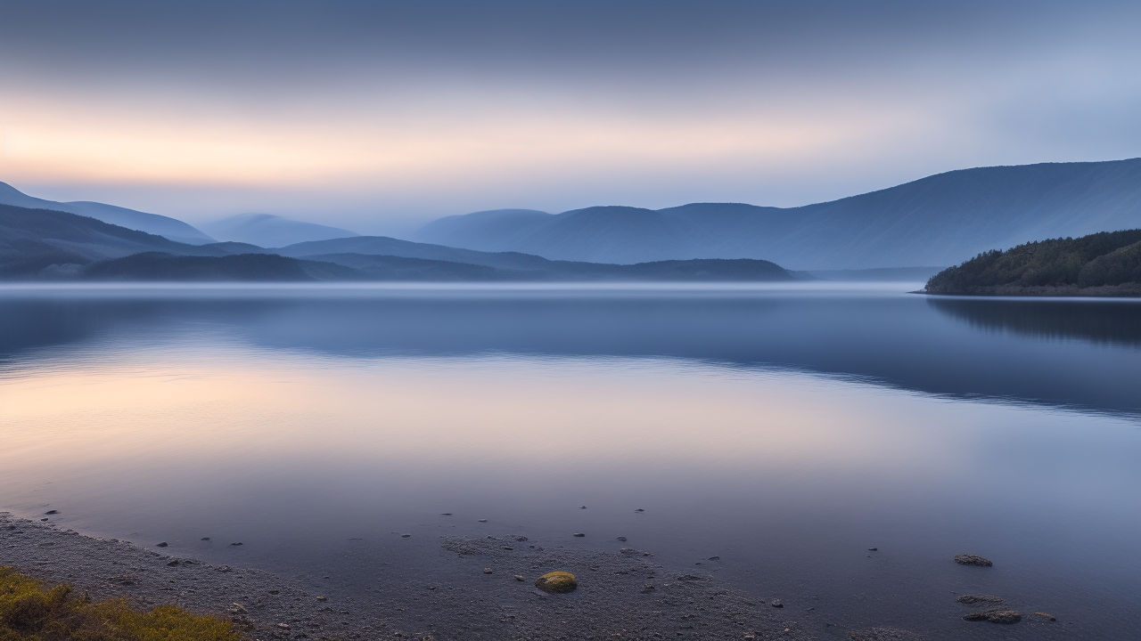 A misty dawn over the dark, glassy surface of Loch Ness, with subtle ripples hinting at a shadowy, elongated shape just beneath the water, framed by rugged Scottish hills under a brooding gray sky.