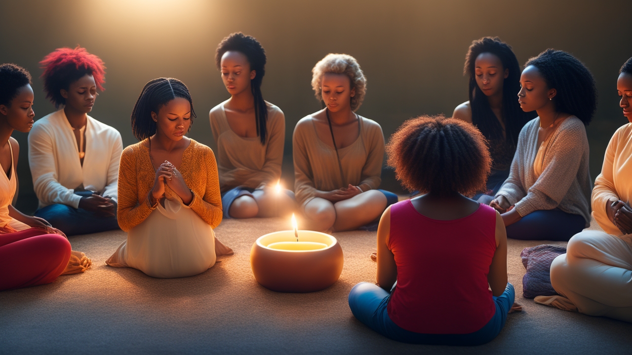 A diverse group of people sitting in a softly lit circle, eyes closed and hands gently resting together, their serene expressions illuminated by warm, ambient light that hints at an unseen, subtle connection weaving through them.
