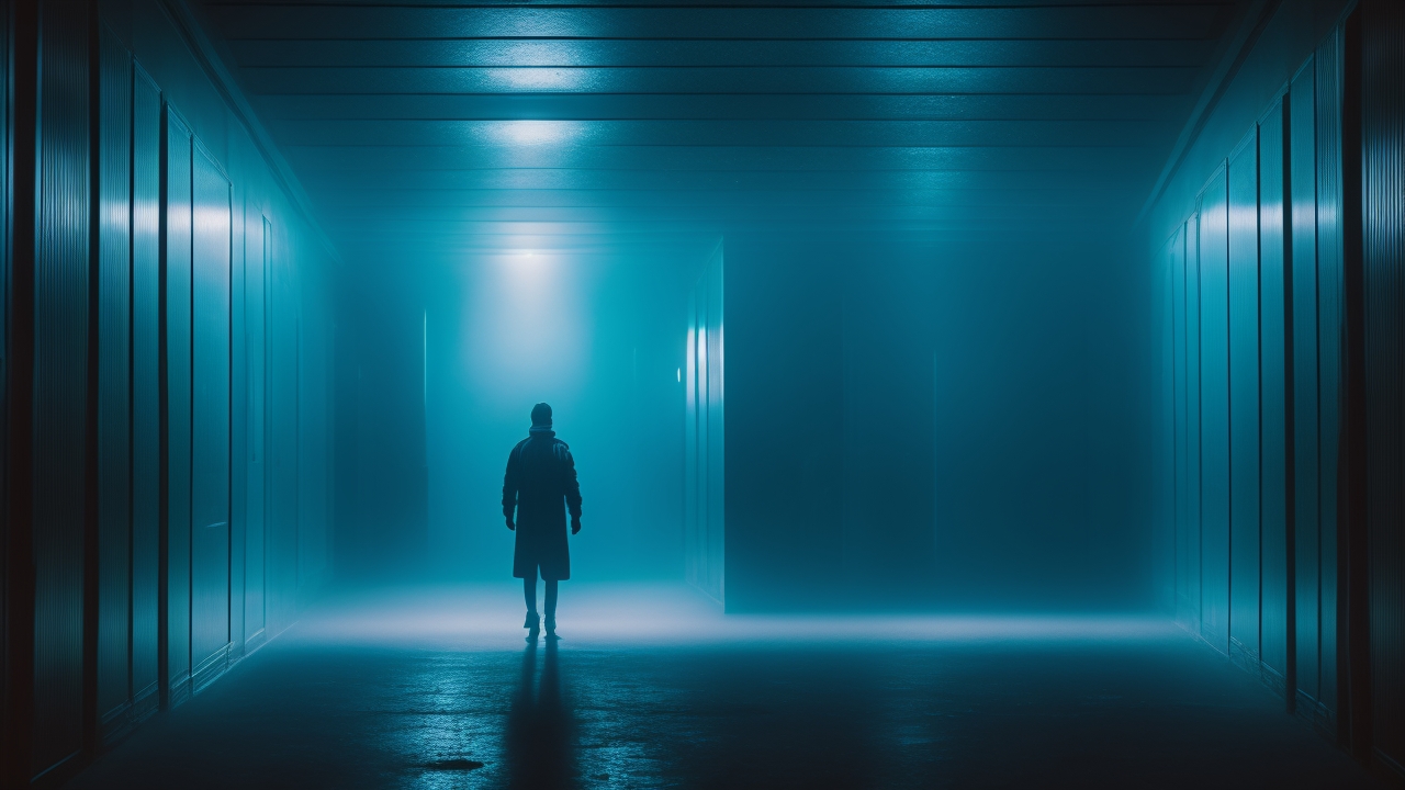 A shadowy figure holding a smartphone with a glowing screen casts a faint light in an abandoned, dimly lit hallway, while subtle digital code and spectral wisps blend into the surrounding darkness, evoking the convergence of technology and the supernatural.