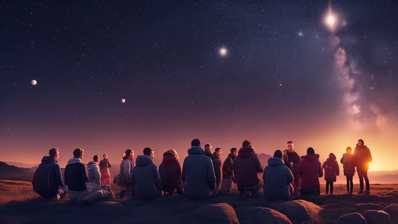 A diverse group of people gathered outdoors at dusk, each absorbed in recording the night sky with smartphones and binoculars beneath a vast, star-filled sky subtly illuminated by faint, mysterious glowing orbs moving among the stars.