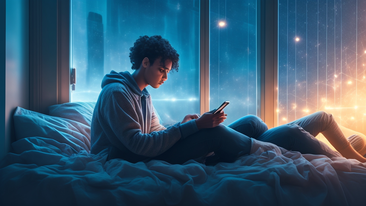 A contemplative young person sitting alone in a softly lit room, gazing thoughtfully at their glowing smartphone screen as faint, ethereal symbols and connecting lines subtly overlay the air around them, suggesting a quiet digital awakening of shared intuition.