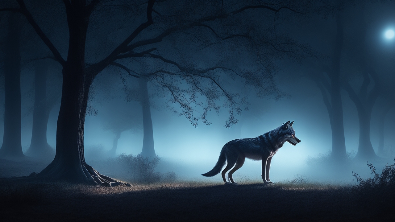 A shadowy, towering wolf-like figure with elongated limbs and a whip-thin tail silently stalking through fog-drenched oak trees in a dimly lit San Antonio park at night.