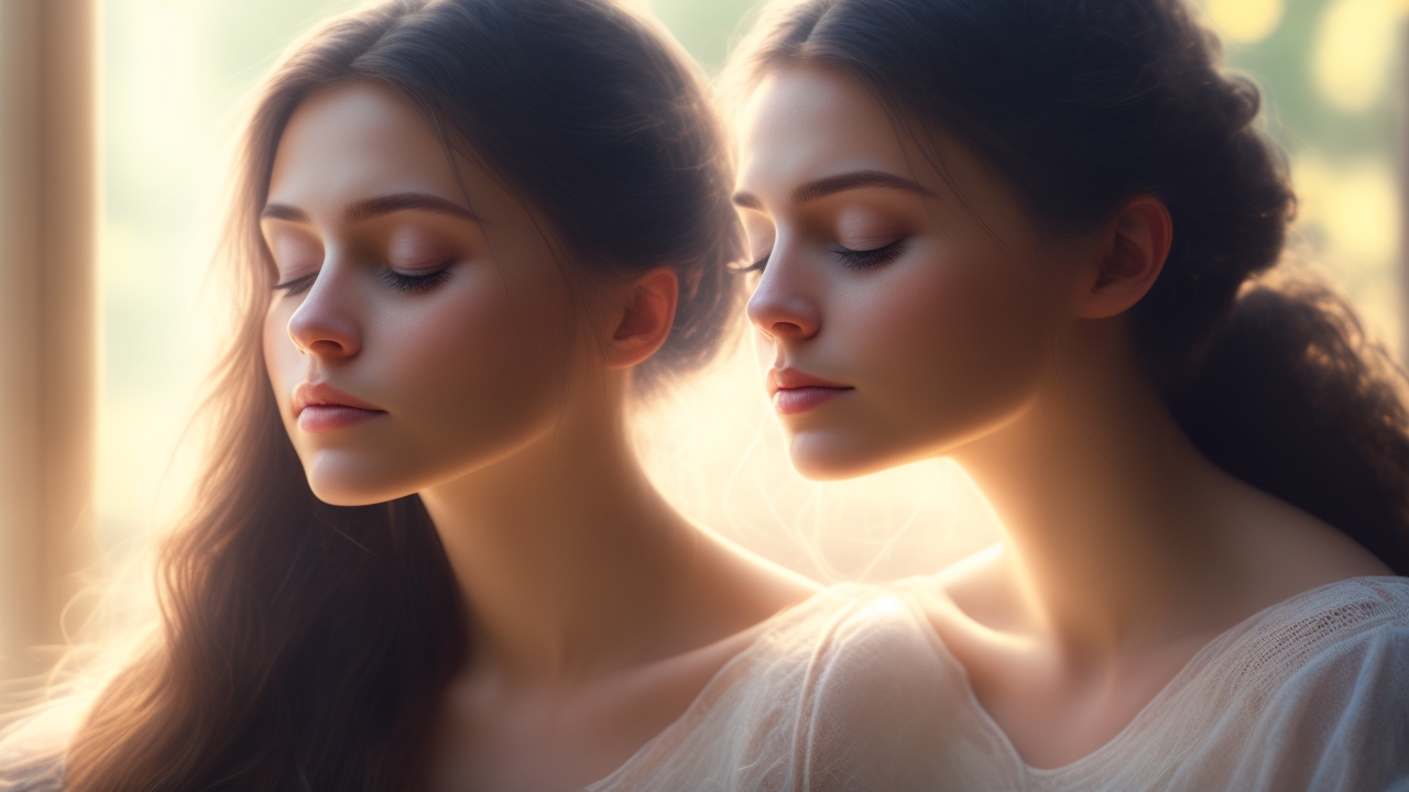 A contemplative young woman sitting in soft natural light, eyes closed with a subtle, serene expression as faint, translucent threads of glowing light weave gently around her head and heart, symbolizing quiet intuitive connections in a modern digital age.